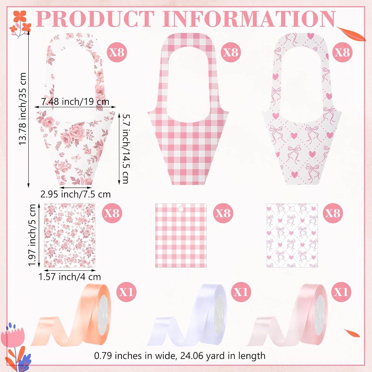 FunooFuno 24 Set Flower Bags for Bouquets Bouquet Holders with Handle Floral Sleeves Kraft Paper Bags Ribbons Gift Cards for Mother's Day Wedding Bridal Baby Shower Florist Bar Supplies(Pink Bow)