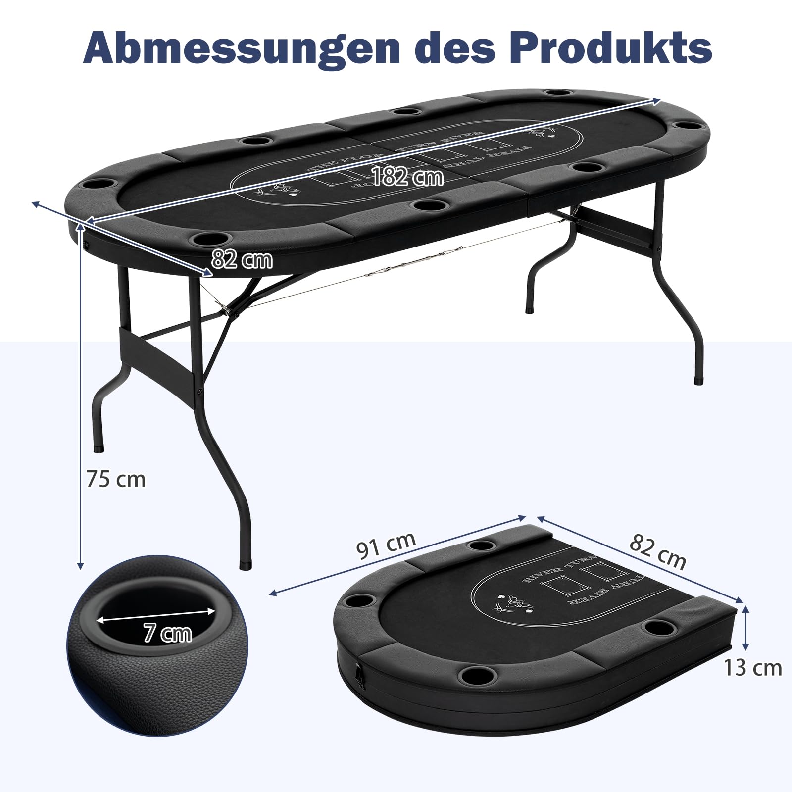 GOPLUS Pokertisch für 8 Spieler 182 cm klappbarer Kartenspieltisch mit Getränkehaltern aus Metall Schwarz