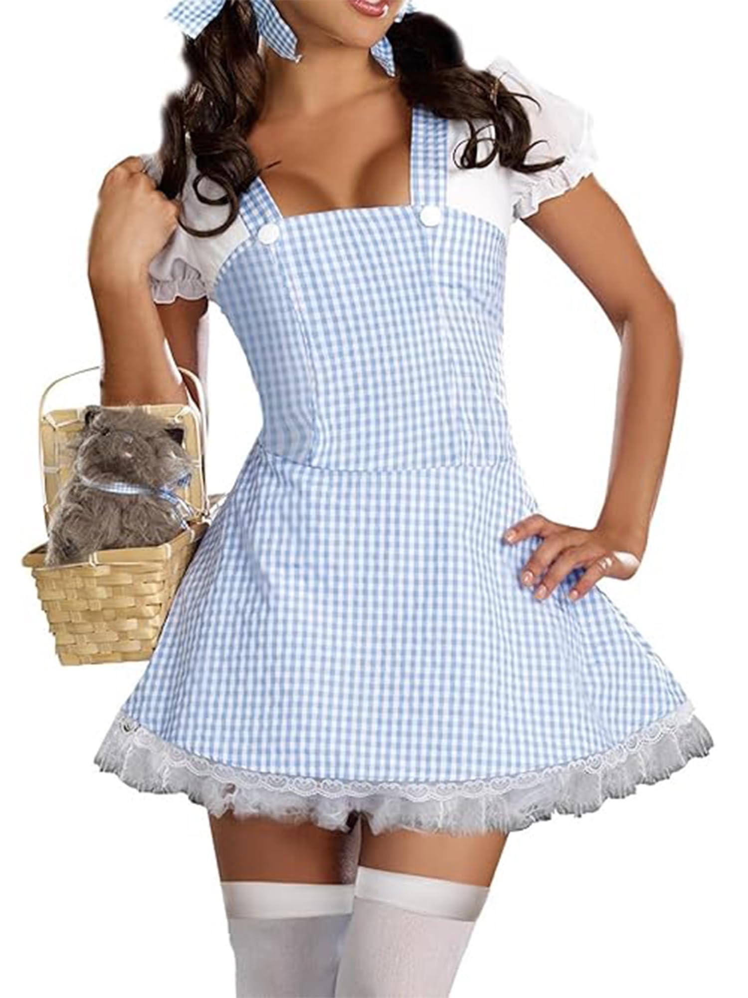 SANSIWU Adult Dorothy Costume Women's Miss Muffet Cosplay Fancy Dress Long Blue Gingham Dress (Plaid Blue, XL)