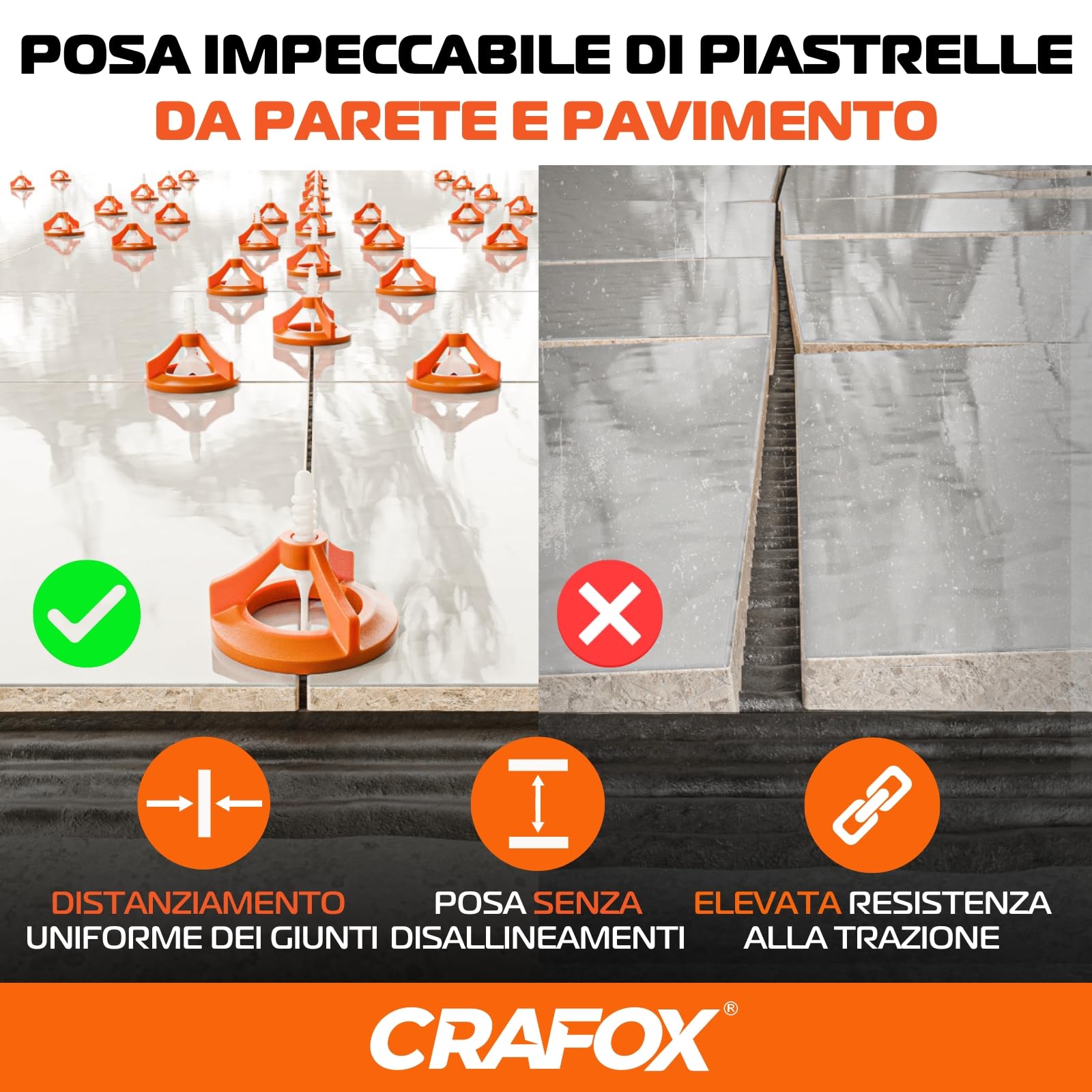 CRAFOX® Accessori Distanziatori per Piastrelle | 250x Distanziatori Clips 2mm | Set di Livellamento Piastrelle | Livellatore Pavimento | Livellatori per Piastrelle | Per una Posa Perfetta e Precisa