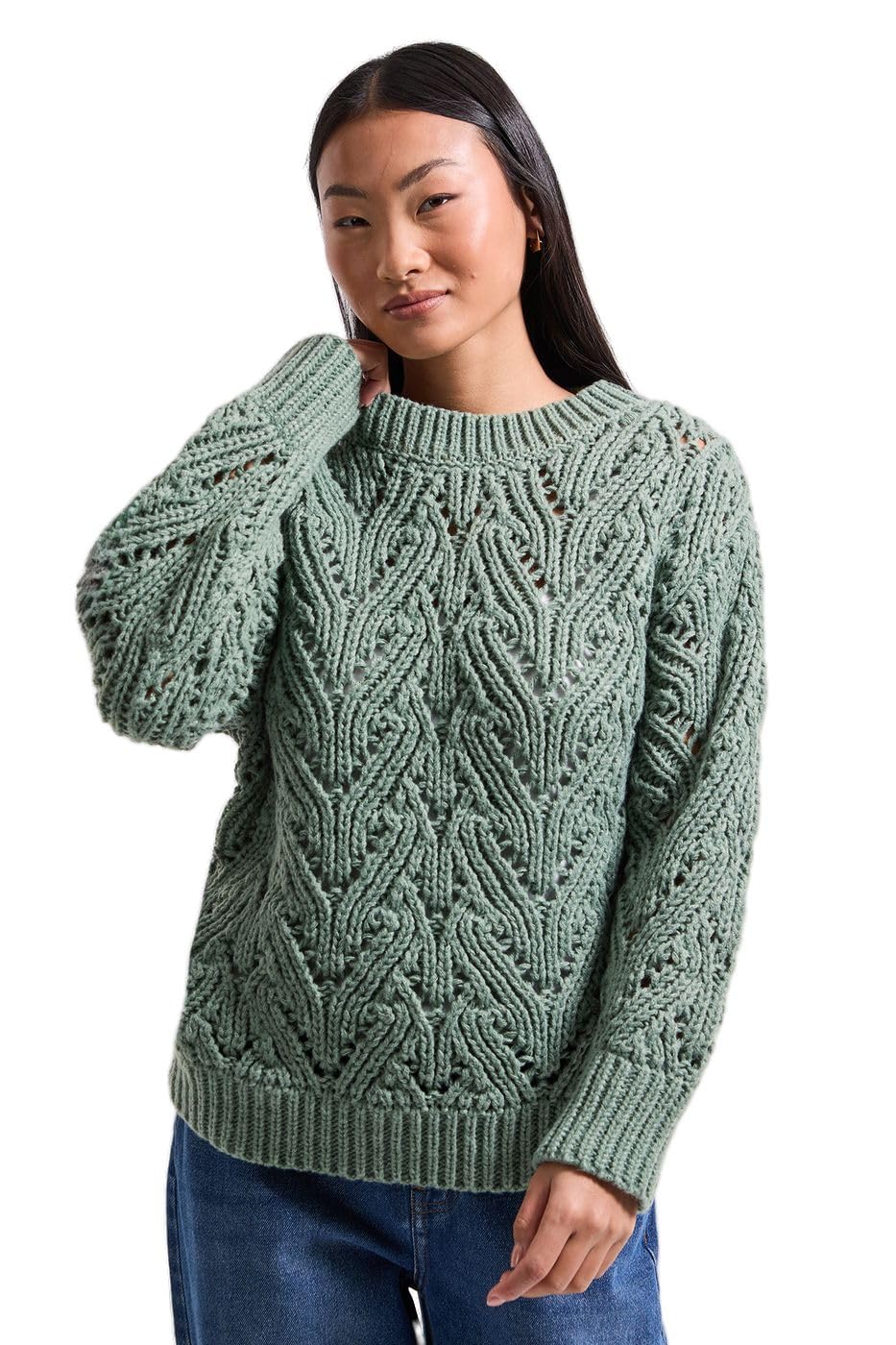 Dorothy Perkins Women's Sage Petite Cable Pointelle Crew Neck Jumper, L,