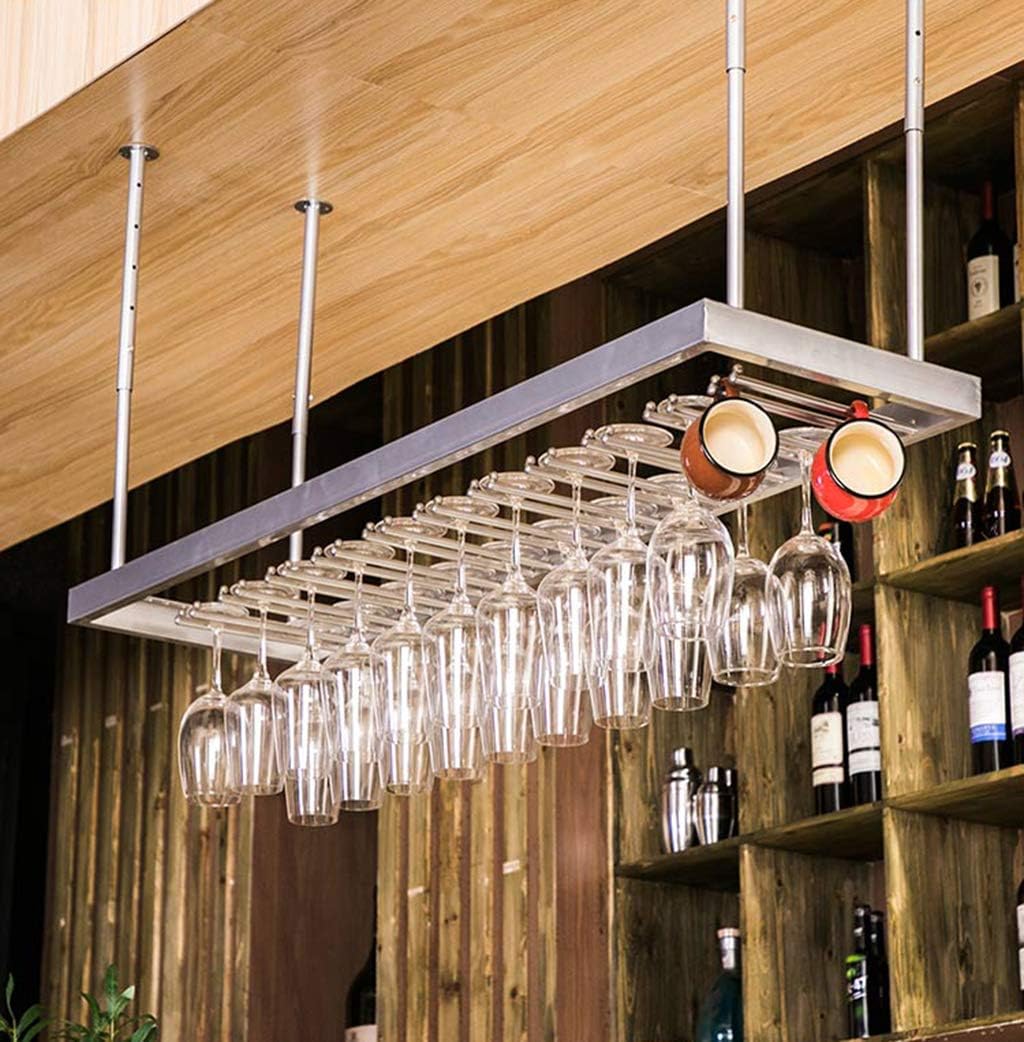 Ceiling Mounted Metal Stemware Wine Glass Organizer Rack Silver Wine Goblet Holder for Bar or Dining Room Space Saving Hanging Storage Solution