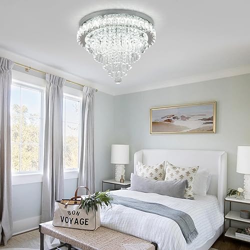 Miniatura 6 de CLAIRDAI Candelabro de cristal moderno de 17.7 pulgadas, lámpara de techo redonda LED de cristal para montaje empotrado, lámpara de techo para sala