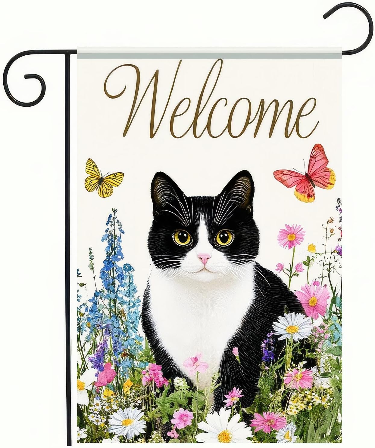Spring Welcome Black White Cat Garden Flag 12×18 Inch Double Sided Small Black Cat Flower Floral Garden Yard Flags for Spring Summer Outside Outdoor House Seasonal Decoration Flag