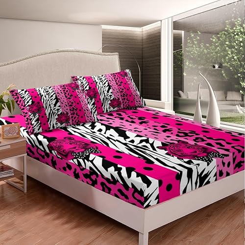 Miniatura 2 de Manfei Wild Tiger - Sábana bajera ajustable tamaño matrimonial, funda de cama con estampado de leopardo rosa con 2 fundas de almohada, juego de ropa
