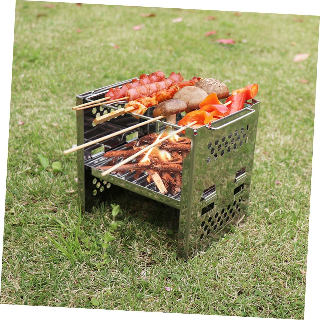 YARNOW Stainless Steel Bbq Grill Portable Folding Camping Stove Adjustable Height Outdoor Barbecue Grill for Picnic Hiking Cooking