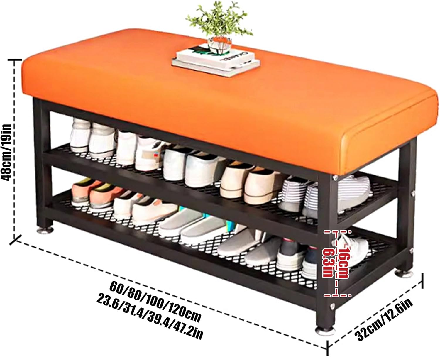 Shoe Bench with Leather Cushion, Entryway Bench, 2 Tier Shoe Storage Bench for Entryway, Hallway, Living Room, Space Saving(Orange,80cm)