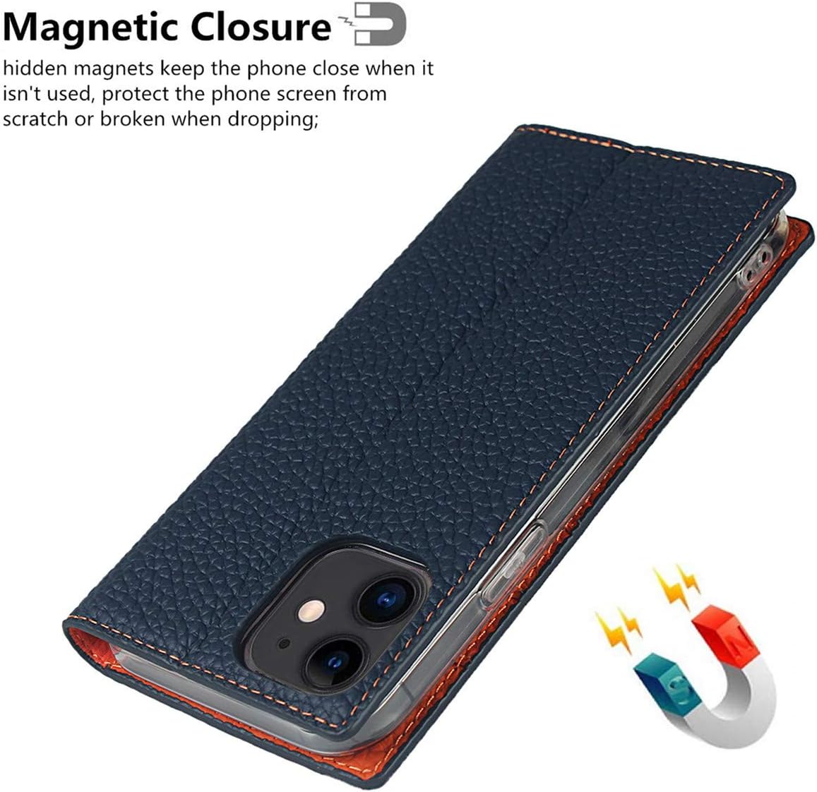 iCoverCase Compatible with iPhone 12 Mini Wallet Case, RFID Blocking Genuine Leather Magnetic Case with Wrist Strap and Card Slots Kickstand Feature Flip Cover 5.4 Inch (Navy Blue)