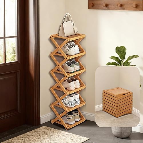 Miniatura 2 de YYW Zapatero plegable para zapatos, estante de pie para entrada, armario, pasillo, estante plegable en forma de X de varios niveles (color madera, 6
