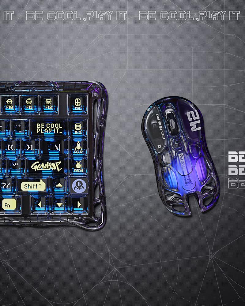 Close-up of GravaStar Mercury K1 Lite keyboard with transparent keycaps and RGB lighting