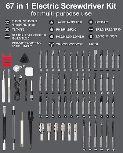 Miniatura 3 de HYCHIKA - Juego de destornilladores de precisión, mini destornillador eléctrico 67 en 1 con 52 puntas magnéticas, 3 ajustes de torsión, luz LED y