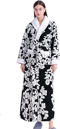 Womens Sherpa Fleece Chenille Robes Long Warm Plush Luxury Bathrobe Fuzzy Thicken Housecoat Jacquard Pattern