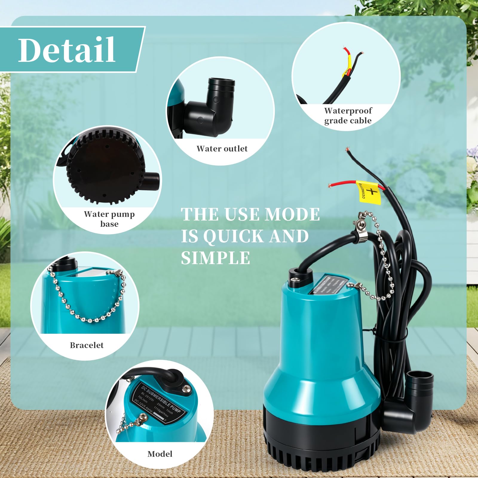 Pompe immergible 12V Pompe à eaux usées DC 50W 4200L/H – Pompe submersible compacte pour piscine, étang à poissons, bassin | Câble 2,3 m + Collier de serrage