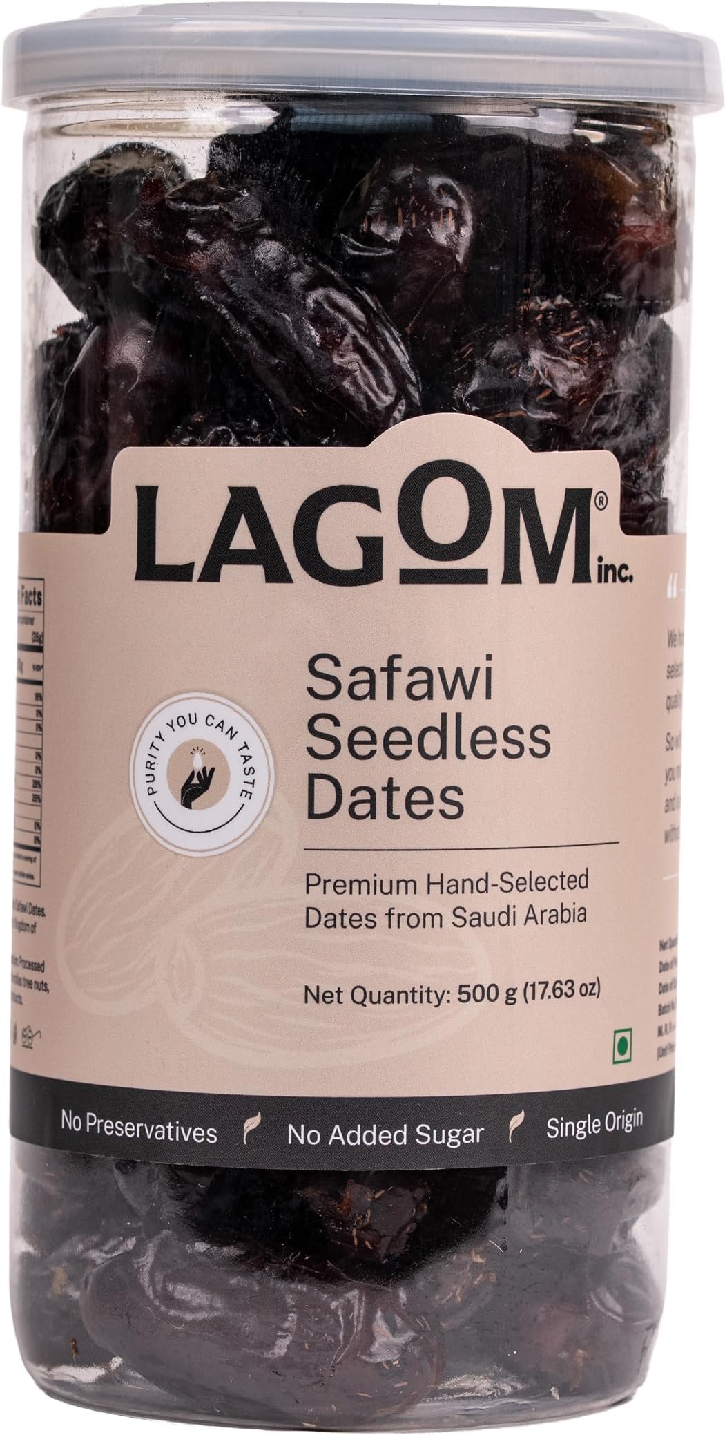 Lagom Safawi Seedless Dates 500g | Premium Pitted Saudi Khajoor | Soft, Rich & Naturally Sweet | No Added Sugar, No Preservatives | Vegan, Gluten Free, Non-GMO