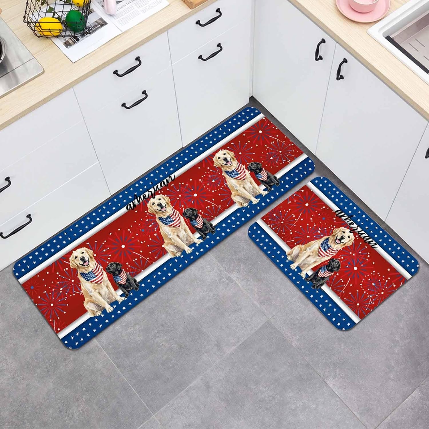 Prime Leader Independence Day Kitchen Mat Set 2 Pieces Black Labrador Cute Golden Retriever White Star Non Slip Kitchen Rugs Washable Runner Rug Mats for Sink Laundry (19.7" x 31.5"+19.7" x 63")