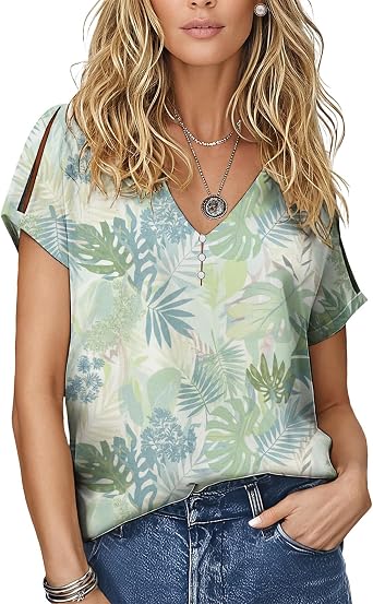 Artistic Fresh Leaf Vine Print Blouses for Women Boho Split Short Sleeve Loose Fit Casual Shirt Plus Size