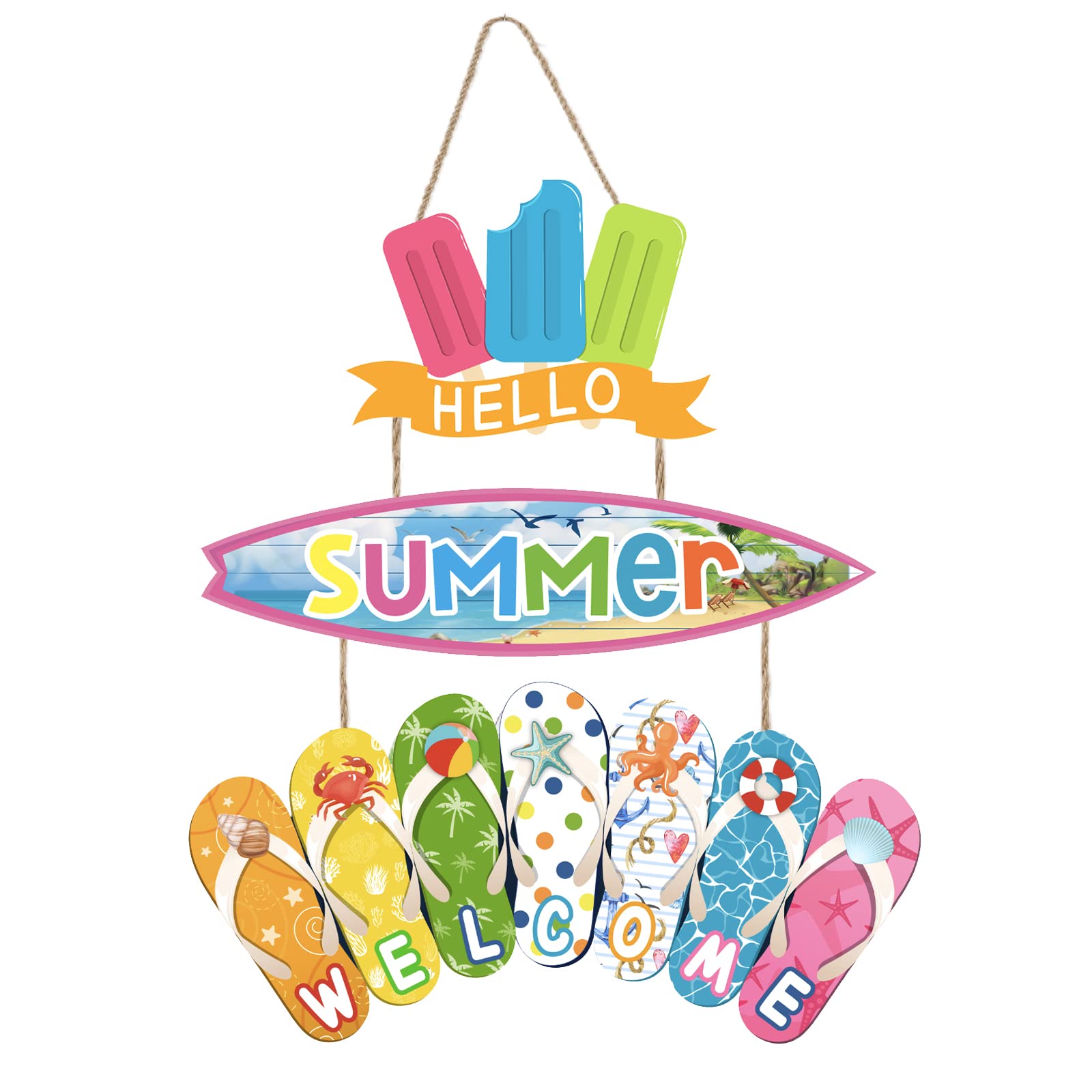 Hello Summer Welcome Hanging Sign, Wood Ice Lolly Surfboard Flip Flop Sign Hanger, Surfboard Slippers Summer Decor, Summer Decorations for Home, Front Door, Yard, Beach, Outdoor