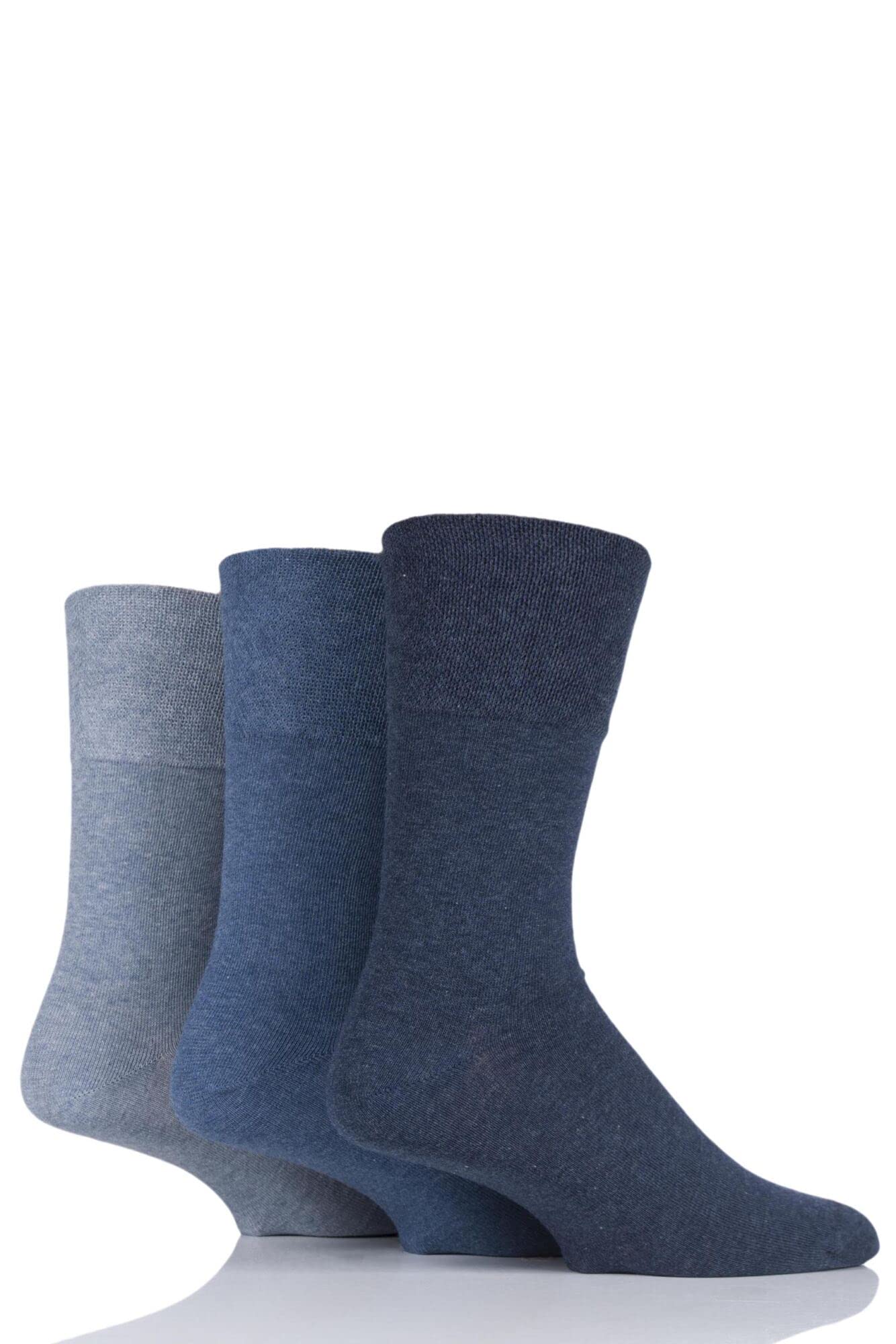 ZRWASKA® Diabetic Socks Men Wide Elastic Cotton Non-Binding Neuropathy Loose Top Soft Grip Sock Oedema Friendly Swollen Feet Legs Size UK 6-11 (3 Pairs - Blue (Tints and Shades))