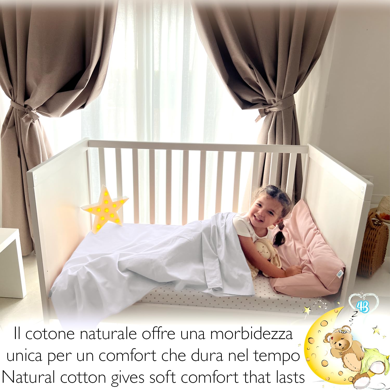 4BABIES - Lenzuolo sopra per culla - Lenzuolino lettino con sbarre - Biancheria da letto per bambini in 100% Cotone Made in Italy certificato OEKO-TEX - Bianco