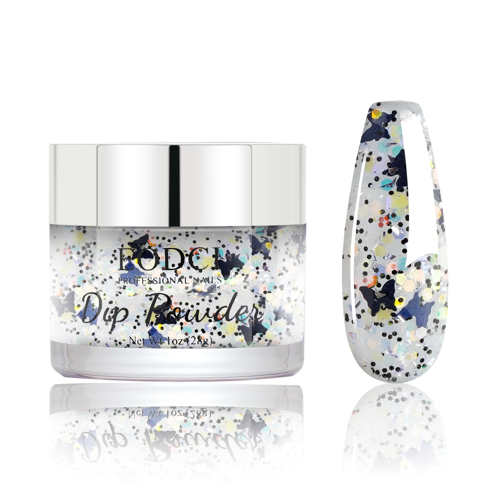 EODCI Nail Dip Powder Colors, Butterfly Glitter Silver - DIY Nail Art Starter Kit - No Lamp Needed - 1 oz
