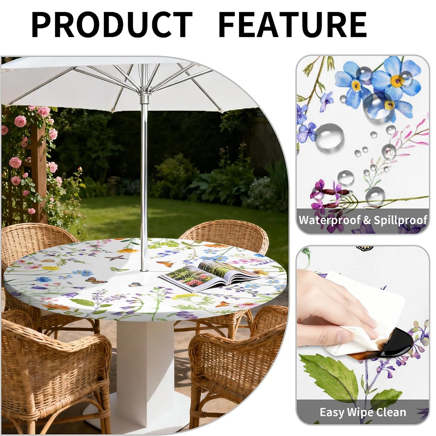 Tovaglia rotonda per esterni con foro per ombrellone e cerniera Fiori di farfalla motivo lavabile e pulibile - tovaglia con bordo elastico per patio, balcone e giardino, Ø 150 cm