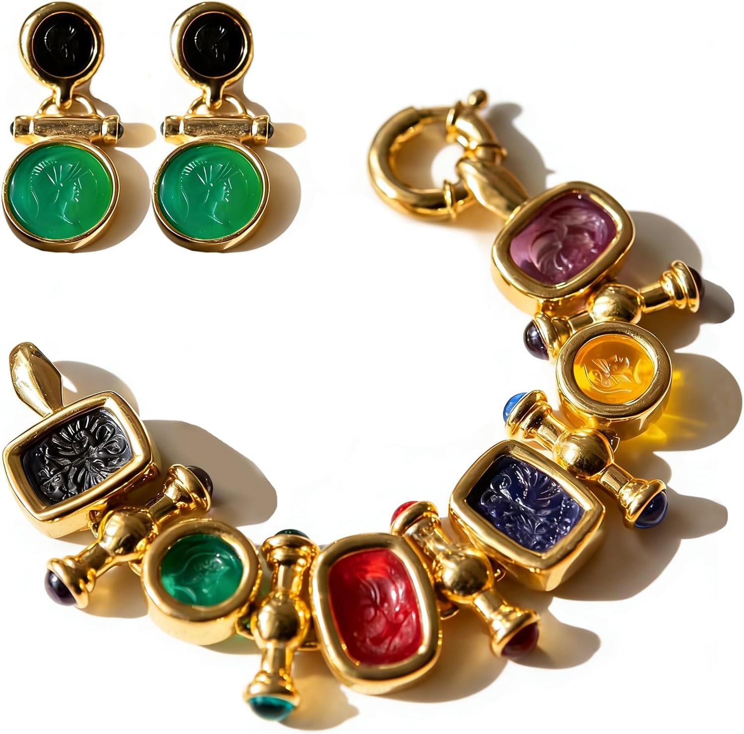 Cameo Jewelry Sets, Multicolor Cameo Bracelet & Gold-Tone Cameo Earrings for Womens