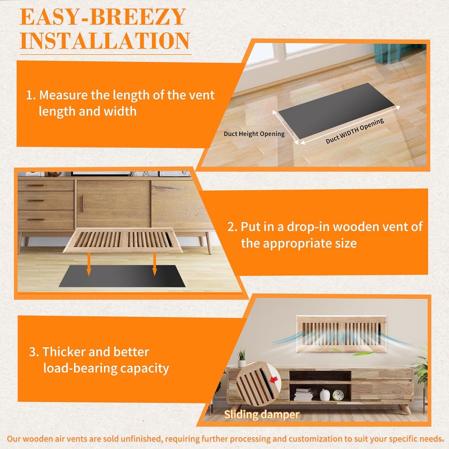 2PC 4x10 Inch White Oak Wood Floor Register Vents Cover - Drop in Register with Damper Wooden Vents Covers for Home Floor Unfinished (White Oak)