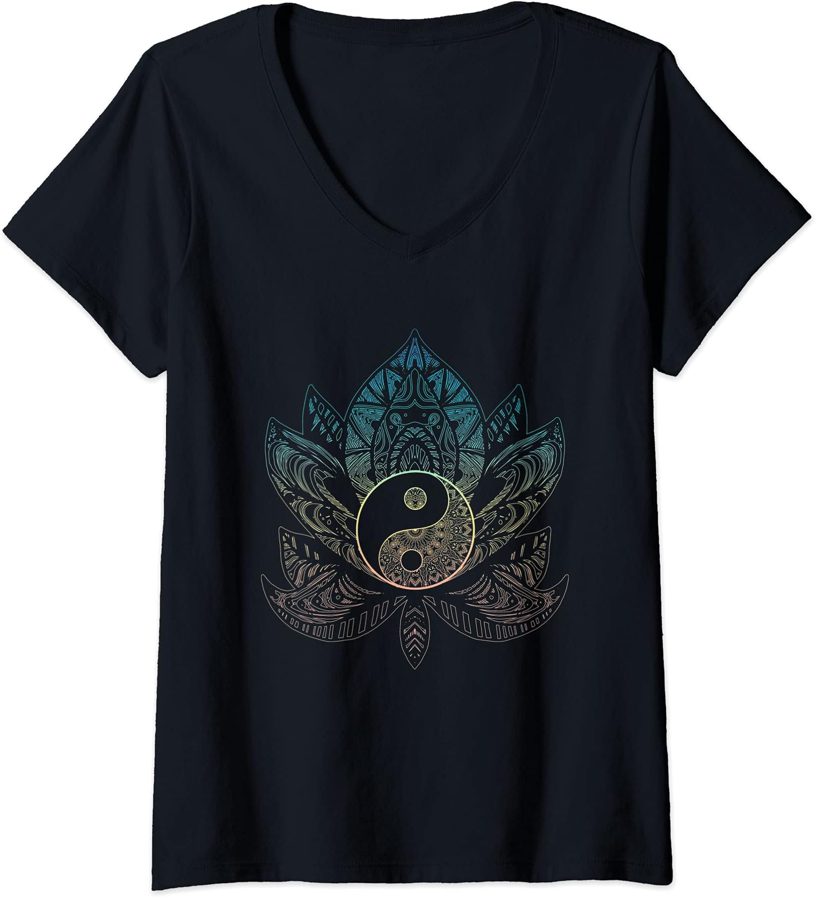 Womens Yin and Yang Lotus Mandala Spiritual Reiki Master Yoga V-Neck T-Shirt