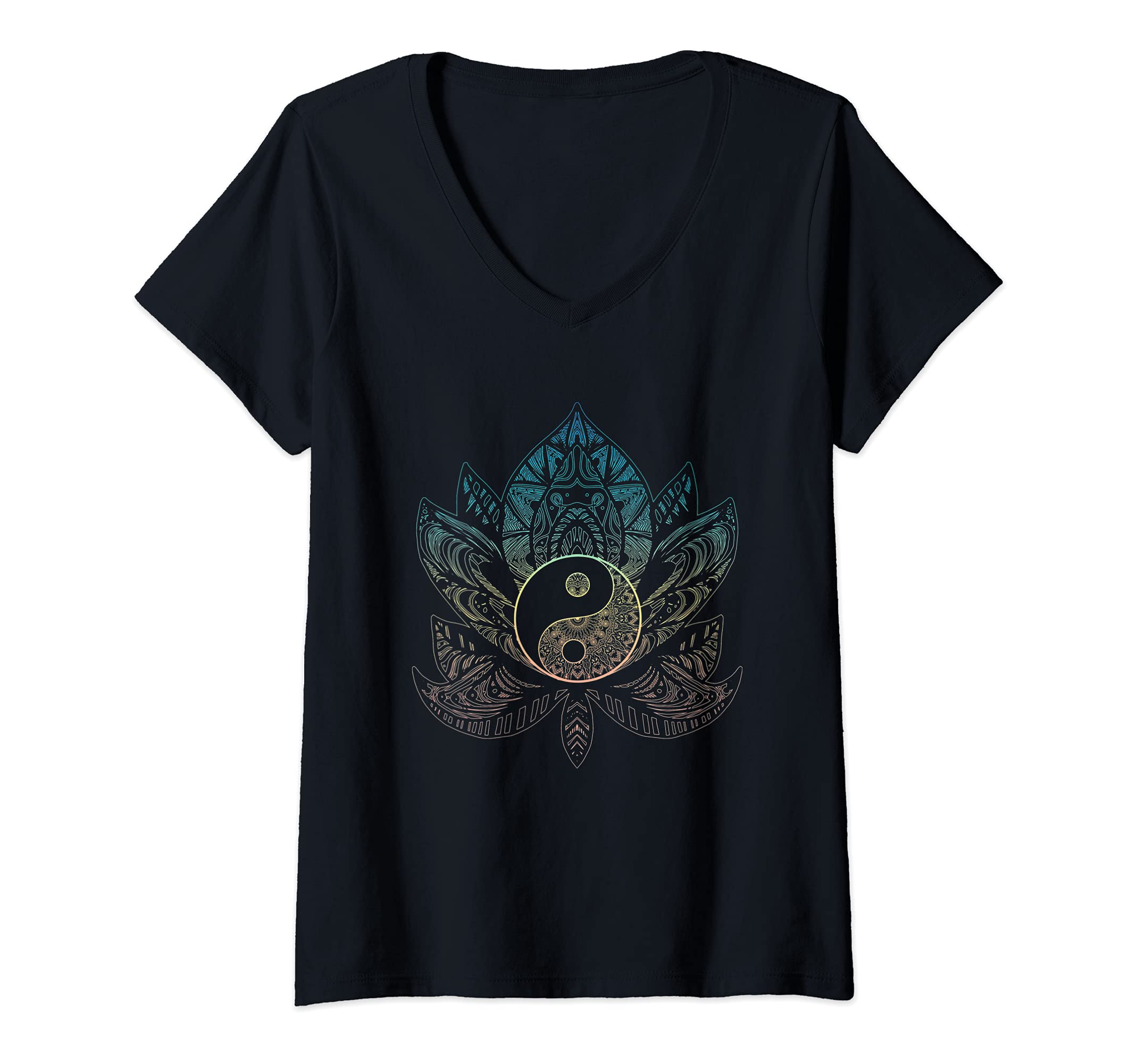Womens Yin and Yang Lotus Mandala Spiritual Reiki Master Yoga V-Neck T-Shirt