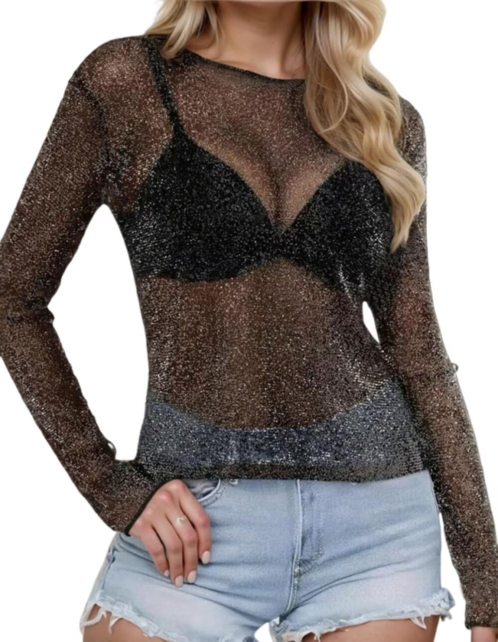 Women's Sheer Mesh Tops Long Sleeve Glitter Sexy Tops Fashion See Through Blouses Party Club Night Blouse