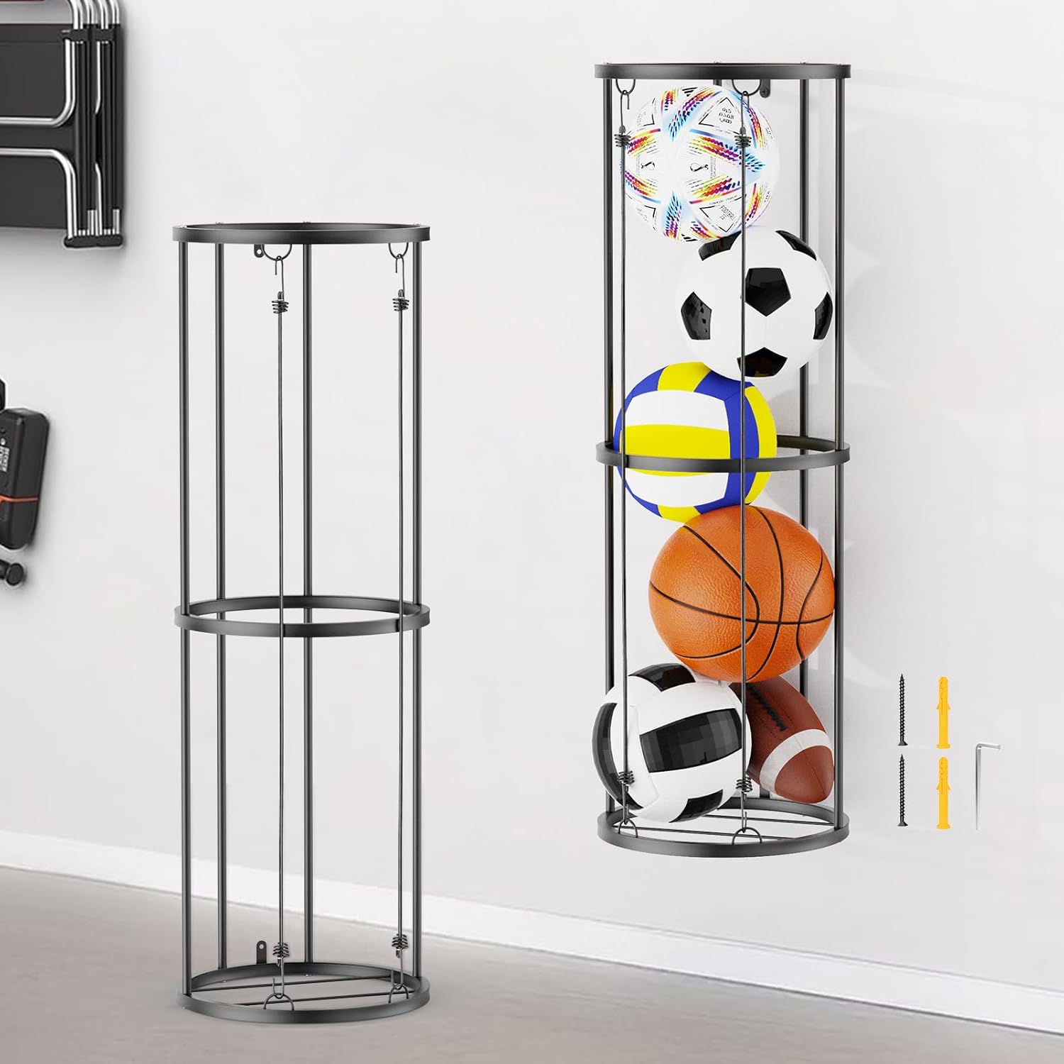 Garage Ball Storage Rack Freestanding & Wall Mount – Sports Equipment Organizer Holds 7 Balls with Elastic Cords – Basketball Soccer Football Volleyball Holder for Garage Gym Kids Room Outdoor
