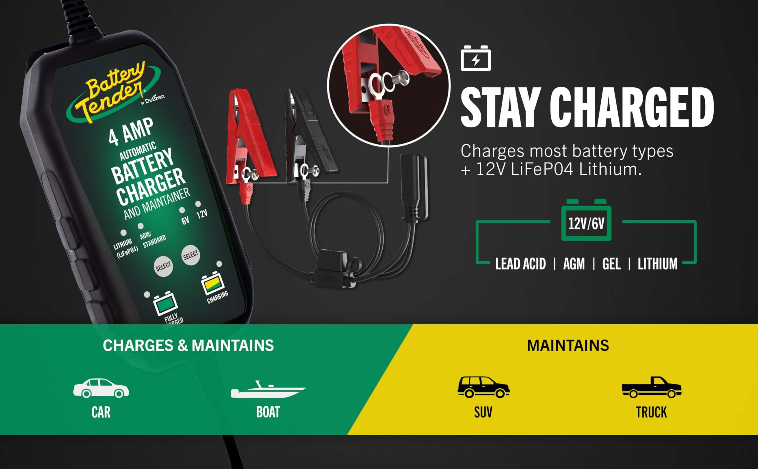 Battery Tender 4 AMP Car Battery Charger and Maintainer: Switchable 6V / 12V, Automotive Battery Charger and Maintainer for Cars, Trucks, and SUVs, Lead Acid & Lithium Battery Charger - 022-0209-BT-WH