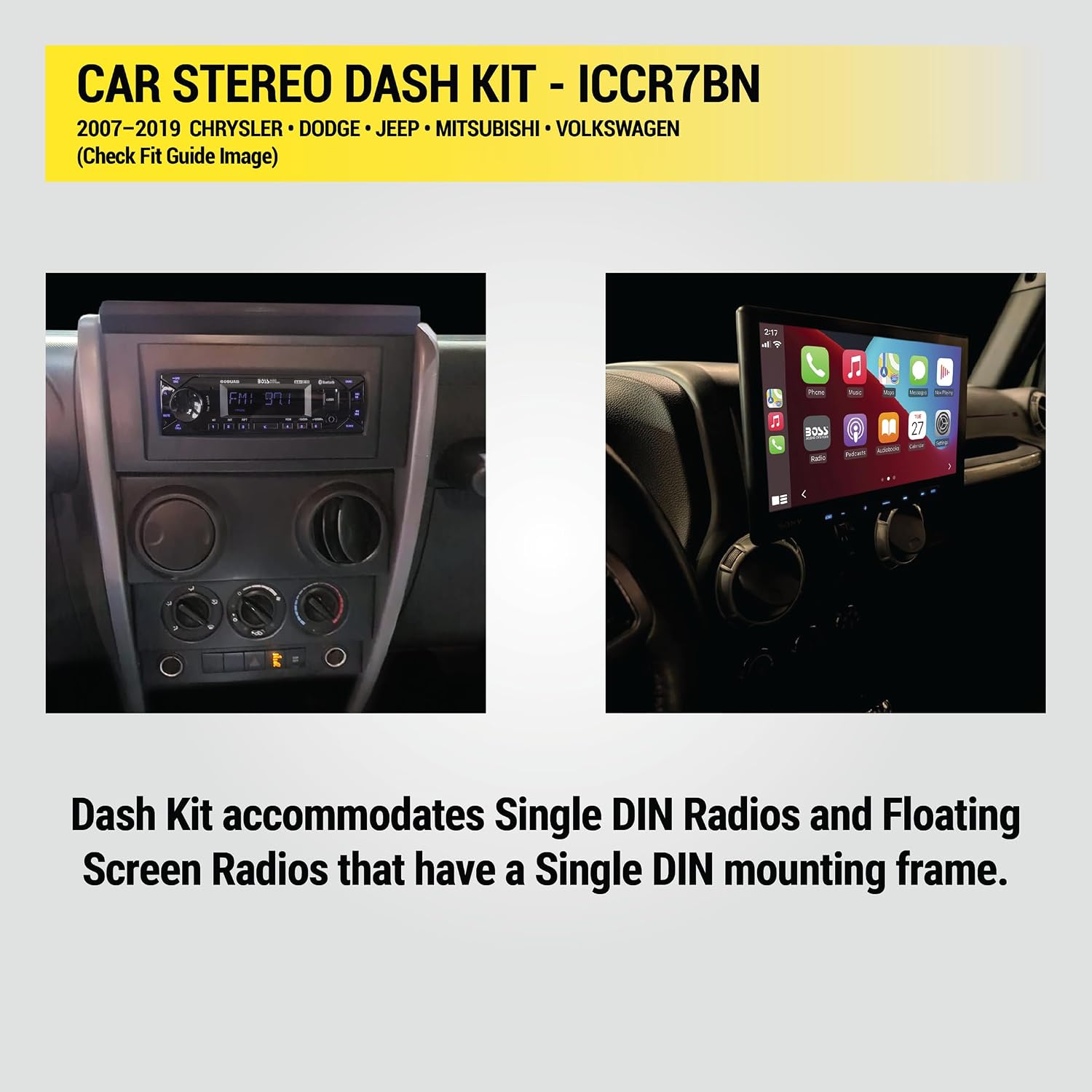 Scosche ICCR7BN Single DIN Radio Installation Dash Kit Compatible with Select 2007-19 Chrysler, Dodge, Jeep, Mitsubishi and VW Vehicles - Complete Basic Car Stereo Install Kit - See Fit Guide Image