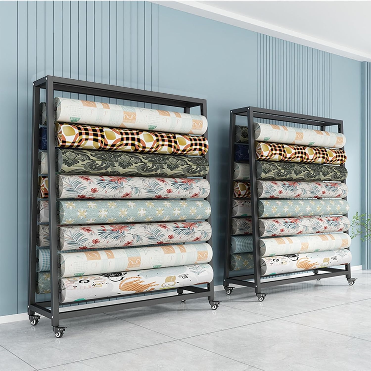 Heavy Duty Fabric Roll Display Rack th Adjustable Hanging Rod & Brakeable Wheels, Movable Steel Organizer for Vinyl Spools, Leather Rolls, and nd (16 Rods - 200x50x200cm)