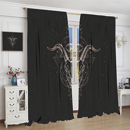 Vista 126 de Cortinas de cabeza de cabra, misteriosa cabeza de cabra malvada, calavera negra, bolsillo para barra, cortinas opacas para ventana, juego de 2