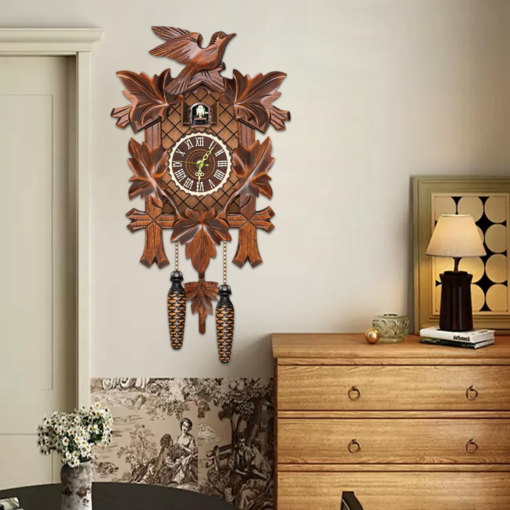 Relojes de cuco de madera reloj Péndulo de pared para reloj de operación de operación de pared con modo de cuco nocturno con pájaro de trabajo para sala de estar dormitorio regalos de inauguración