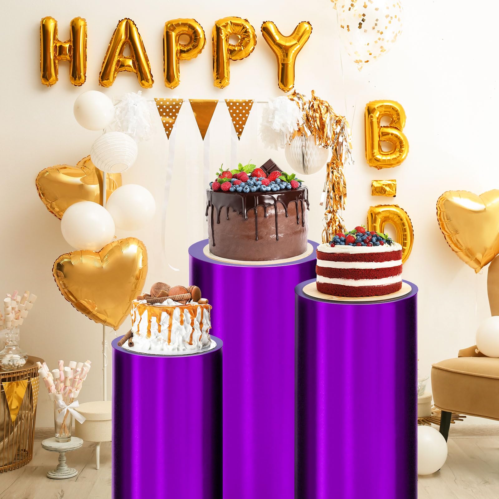 QUARKZMAN Juego De 5 Fundas Para Base De Cilindro De Spandex Moradas, Funda Para Base De Plinto Para Decoración De Fiestas Bodas Cumpleaños, Solo Contiene Fundas De Cilindro (Tela De Foil)