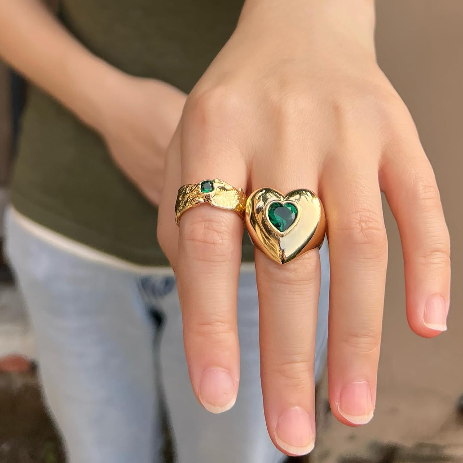 Chunky Gold Rings for Women 14K Gold Plated Heart Statement Ring Non-Tarnish Open Gold Hammered Ring with Cubic Zirconia Stackable Love Gemstone Wave Jewelry Gift - Image 7