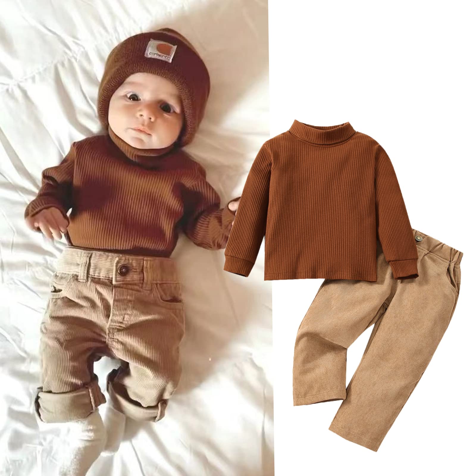 Yccutest Toddler Boys Girls Fall Winter Outfits Set 2Pcs Turtleneck Sweater + Corduroy Pants Infant Kids Gentleman Clothes (Brown,12-18 Months)