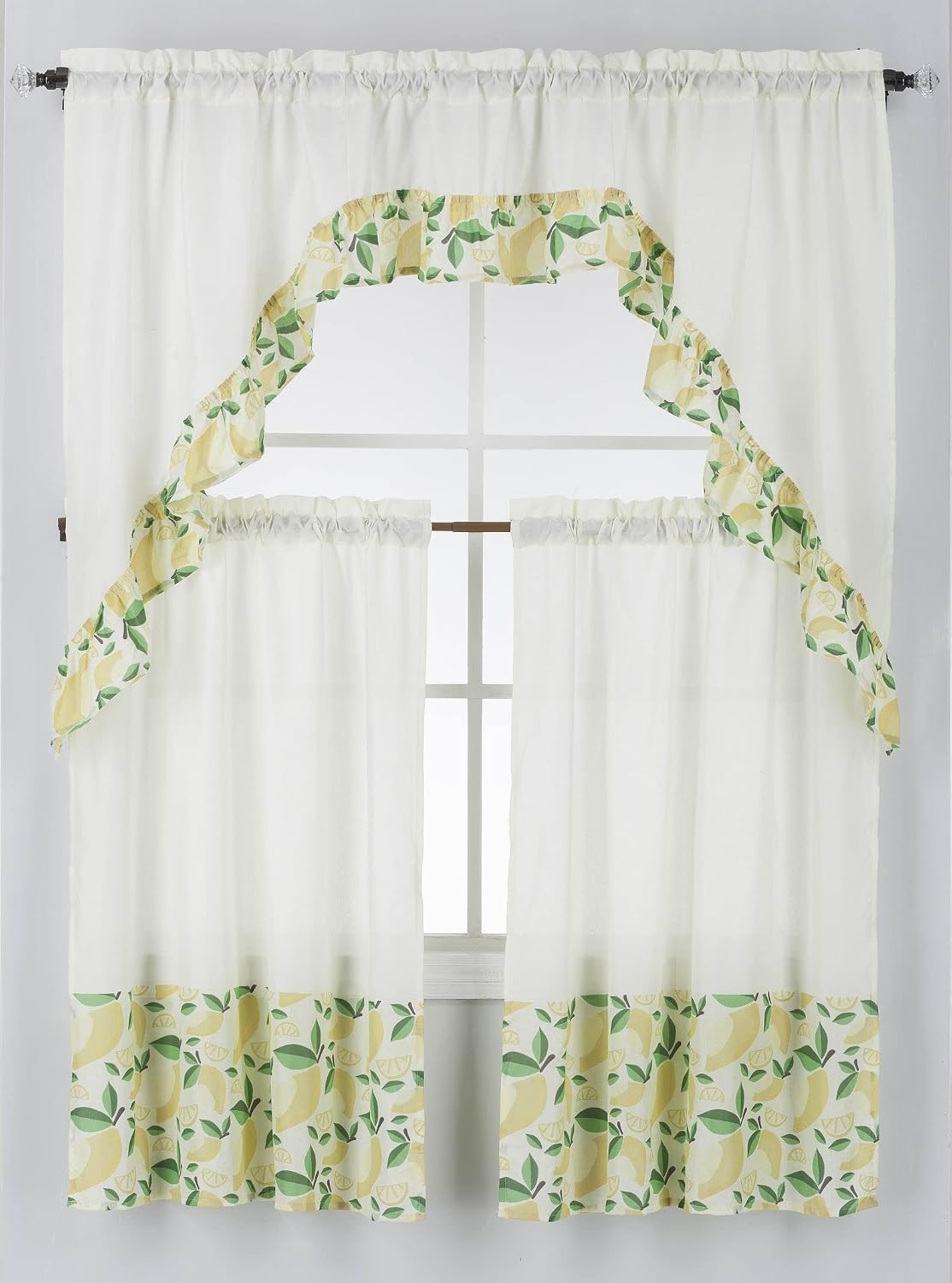 GAI LO 3 Piece Printed Kitchen Curtain Valance Set Swag Drapes 60-Inch X 36-Inch Lemons