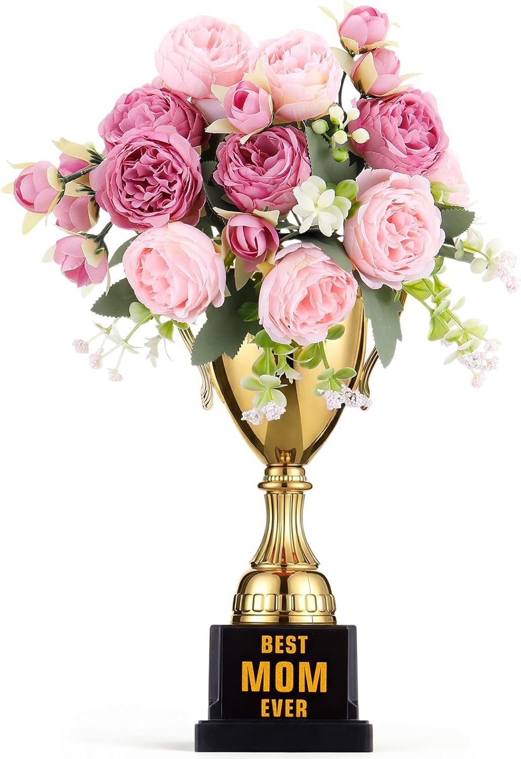 Best Mom Ever Trophy with Flower 12 Inch Mother's Day Trophy Artificial Peonies Bouquet Gold Cup with Mixed Colors Floral Bunches for Women Mother Birthday Gift