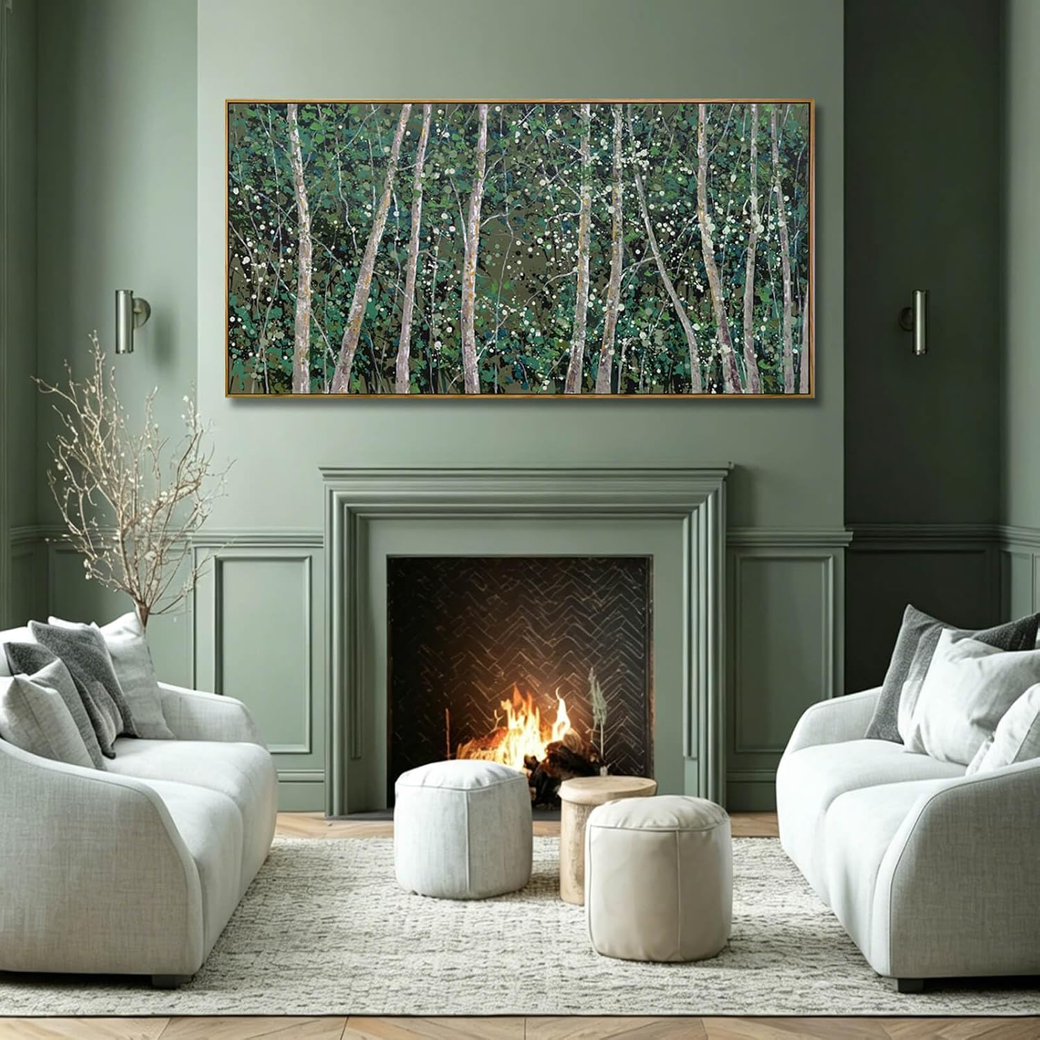 Green forest Framed Canvas Wall Art, Golden Speckled Light Wall Decor,Tree Pictures Artwork, Nature Landscape Art Prints for Living Room, Bedroom, Office 29"x58"