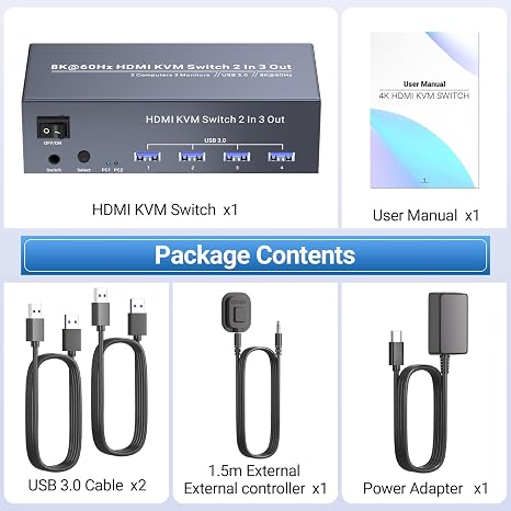 8K@60Hz HDMI KVM Switch 3 Monitors 2 Computers, 4K@120Hz USB 3.0 Three Monitor HDMI KVM Switch for 2 PC Management, Sharing 1 Set of Keyboard, Mouse, 3 Monitors and 4 USB 3.0 Ports
