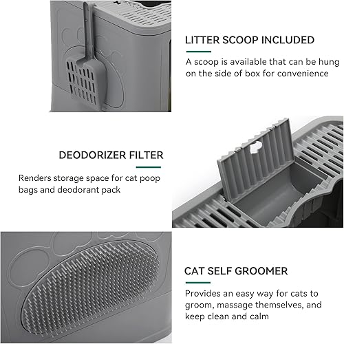 Vista 29 de YITAHOME Caja de arena grande cerrada para gatos con cojín, cajas de arena cerradas antisalpicaduras con pala de arena para entrada frontal, puerta