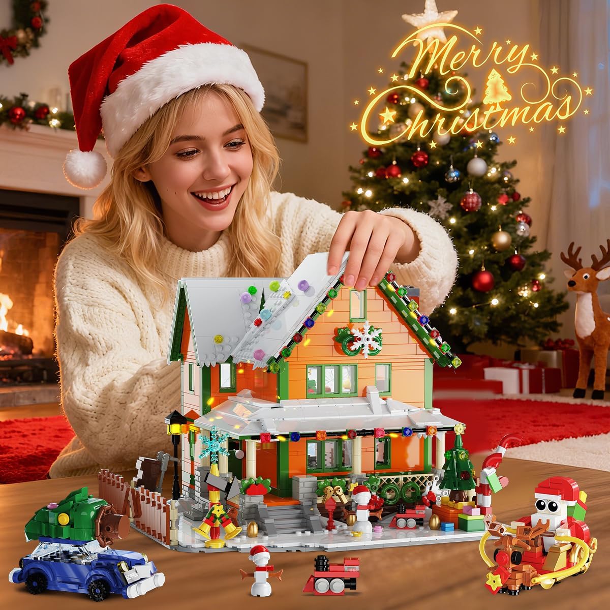 Christmas House Mini Building Set with Light, PLAXSOON 1961 PCS Holiday Snow Village Architecture Model Building Block with Santa Claus Sleigh, Xmas Display Toy Set for Adults Kids Boys Girls Ages 14+