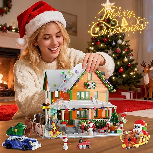 Miniatura 6 de Mini juego de construcción de casa de Navidad con luz, modelo de arquitectura de aldea de nieve navideña, bloque de construcción con trineo de Papá