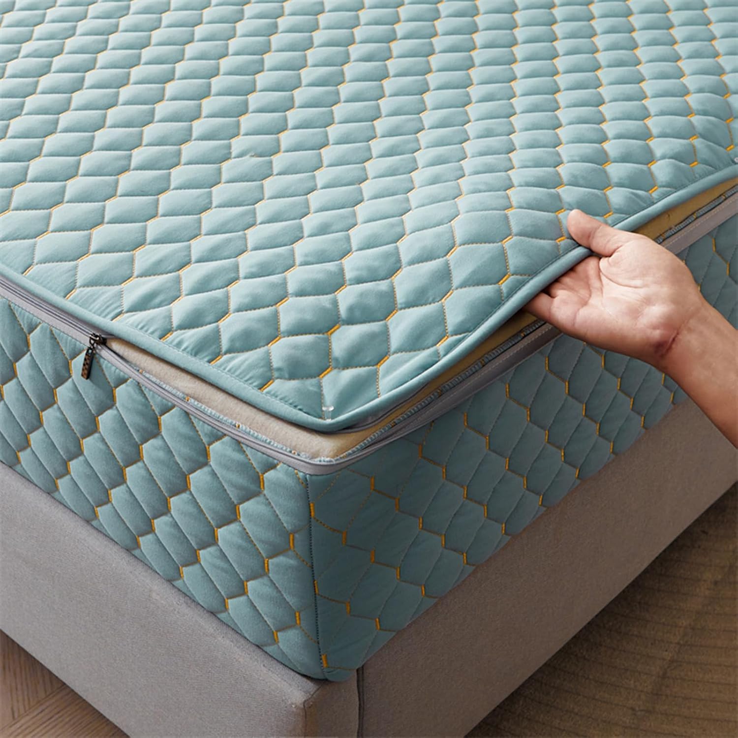 TYYUETY Full zip cover Breathable dustproof washable fitted sheet Customizable size Waterproof quilted mattress protector for single/double/king size beds-Cyan- 105x190+20cm
