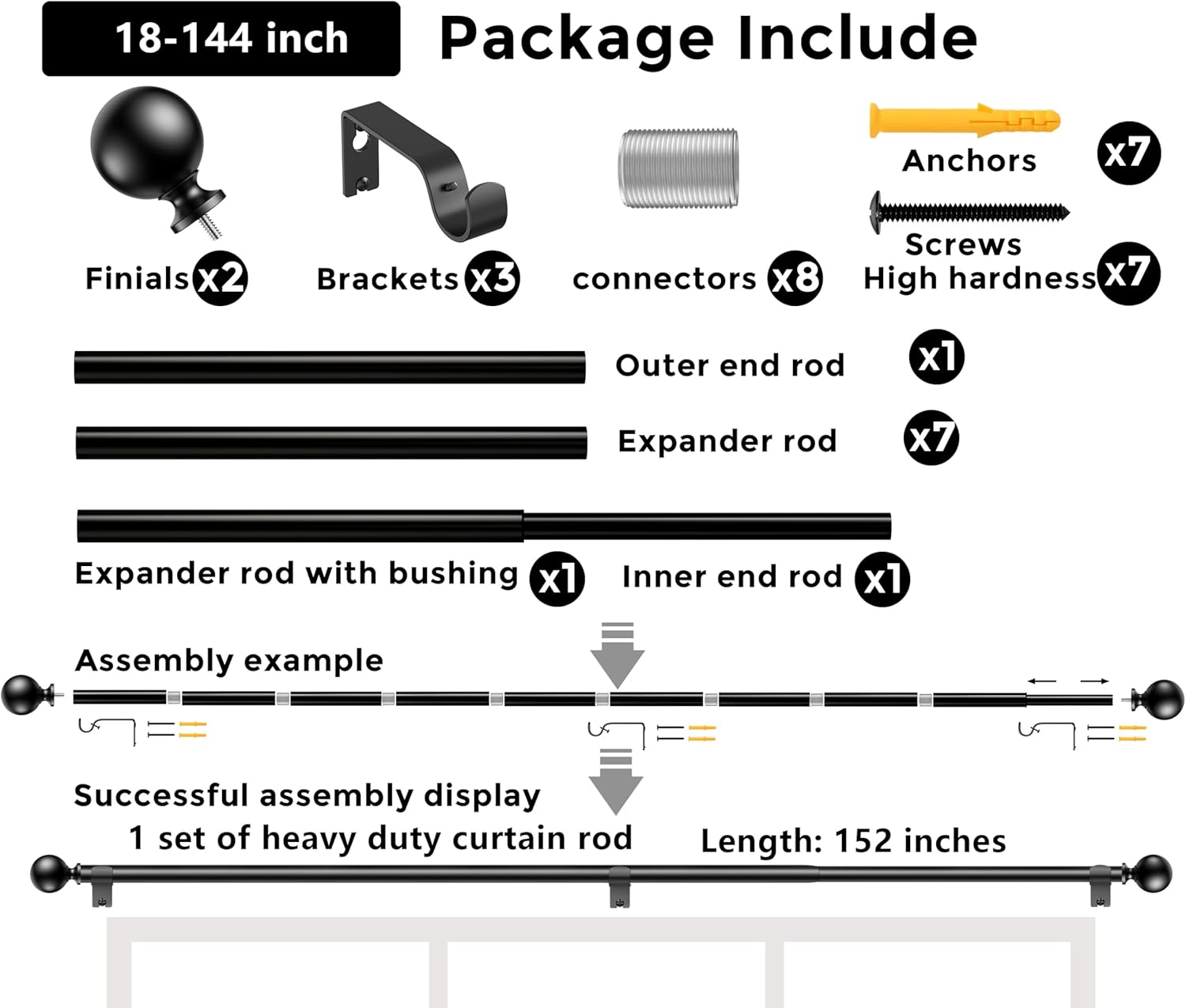 Black Curtain Rod 144 Inch, 152-inch Rod, Adjustable Length Heavy Duty Decorative Finials Diameter 7/8 inch,12 ft, Black