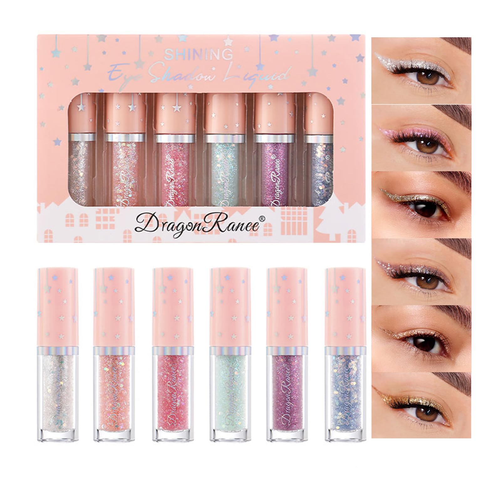 TITIMORE 6Pcs Liquid Glitter Eyeshadow Highly Pigmented Shimmer Metallic Sparkling Eye shadow Long Lasting Quick Drying Liquid Eyeshadow for Crystal Eye Makeup(Set B)