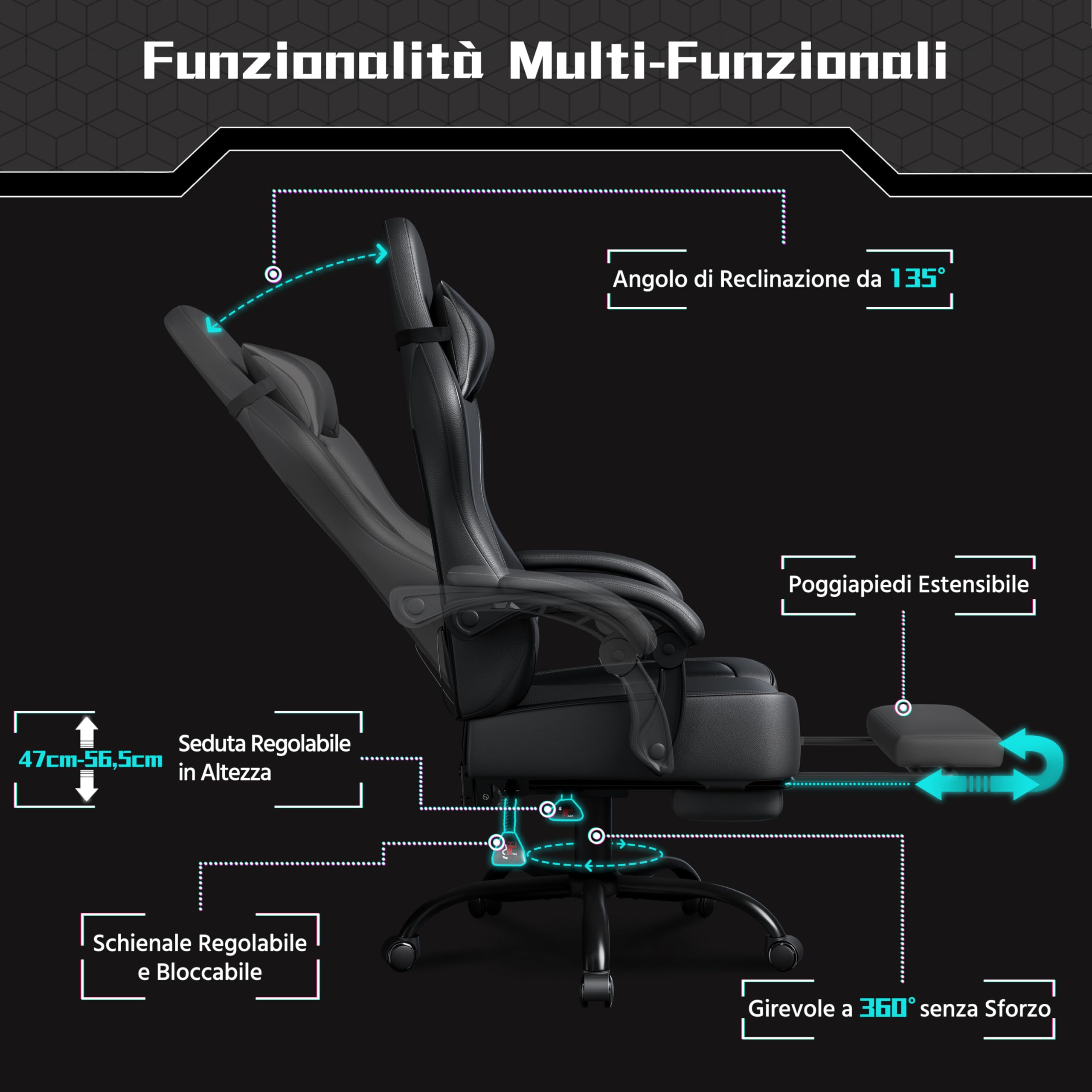 Sedia da Gaming Massaggiante, Sedia da Ufficio con Poggiatesta, Poggiapiedi e Cuscino Lombare, 360° Girevole, Regolabile in Altezza, Poltrona Gaming per Computer, Ufficio (Nero)